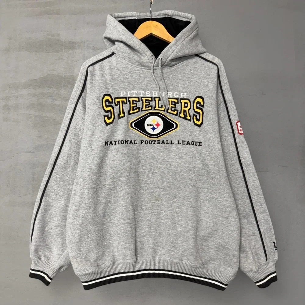 RARE Lee Sport‎ Pittsburgh Steelers Vintage Hoodie Grey NFL Sweatshirt Large